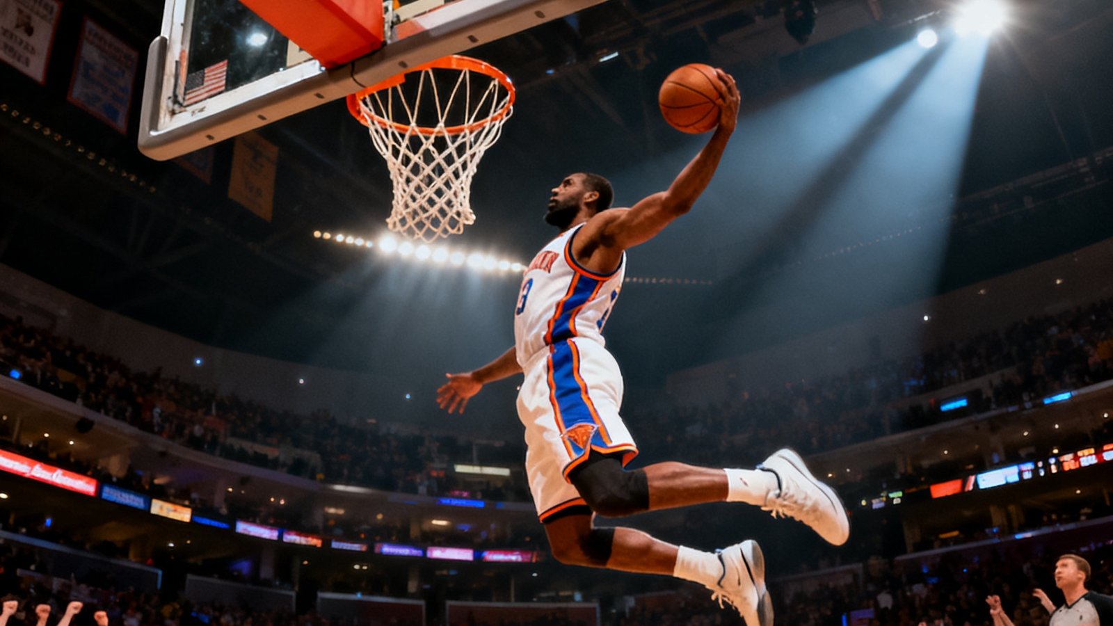 NBA十佳球集锦封面，球员飞身扣篮的空中姿态被定格，篮筐在画面中央，观众席上人群起立欢呼，球场灯光照射形成戏剧性光影。